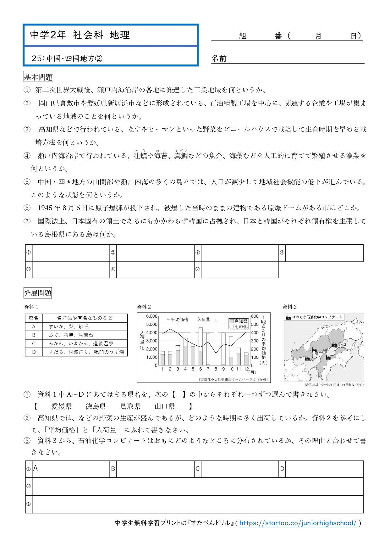 中2社会・地理「中国・四国地方」プリント無料ダウンロード・印刷